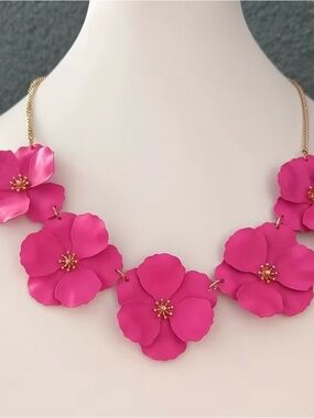 Gold-Chain Pink Floral Statement Necklace by